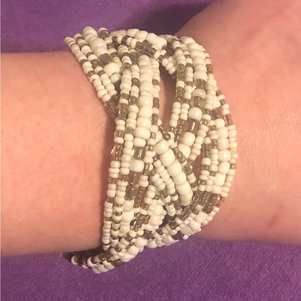 Handmade Vintage White Seed Bead Adjustable Cuff Bracelet - Picture 2 of 5
